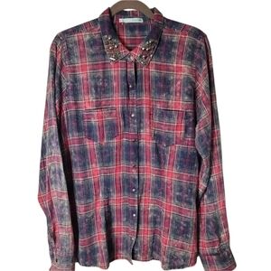 MAURICES Wmns XL Rustic red plaid jeweled collar Snap Shirt Western Rodeo